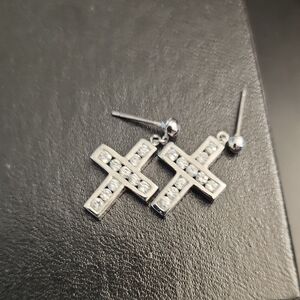 Silver Cross Earrings with Rhinestones